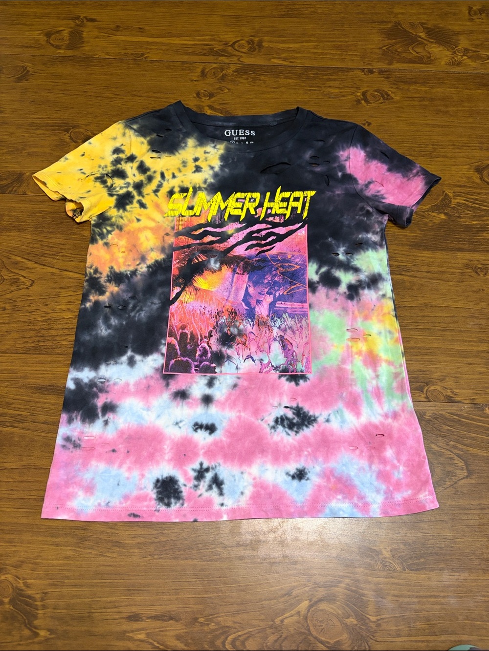 GUESS Summer Heat Tie Dye Distressed Graphic T-Shirt Size S